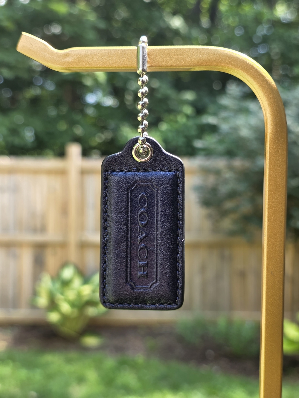 Coach Large Metallic Dark Blue Leather Hangtag w/ Silver Ball Chain